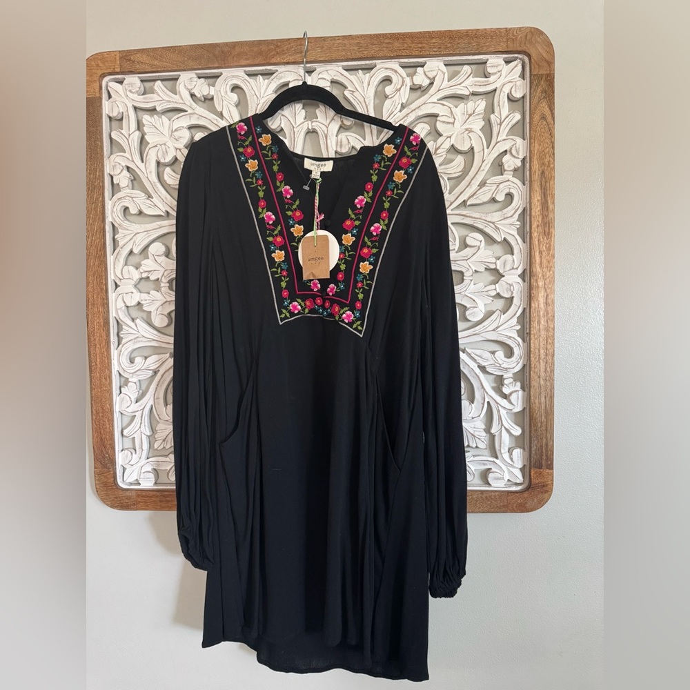 Umgee Black Dress with Pink & Green Embroidered Yoke
